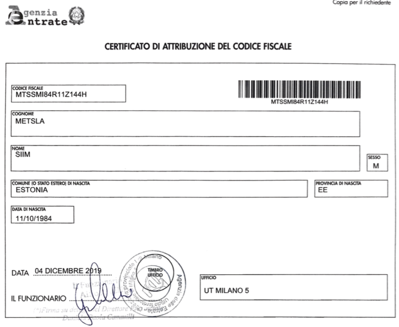 certificato di attribuzione del codice fiscale